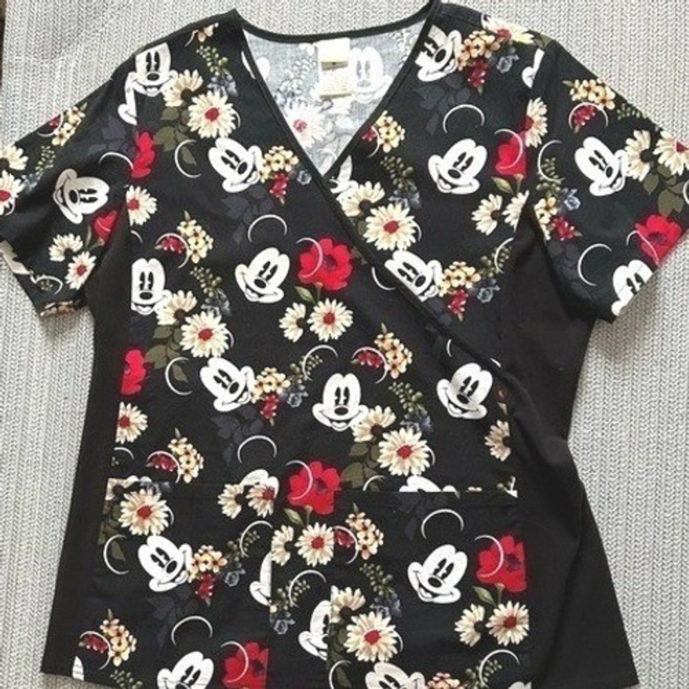 Disney Mickey Mouse Floral Scrub Top Medium Keyhole V-Neck Black